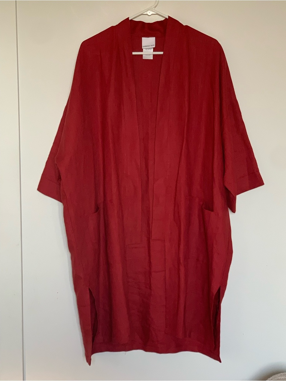 Red Linen Open Front Long Line Kimono Tunic Jacket Sarah Sue Plus Size 2X 3X 4X